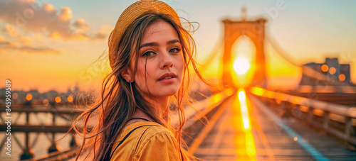 young woman looking at the brooklyn bridge 4 photo