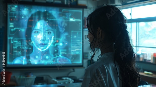 A student sits in a classroom and watches a holographic teacher on a large screen, illustrating a lesson in a futuristic setting.
