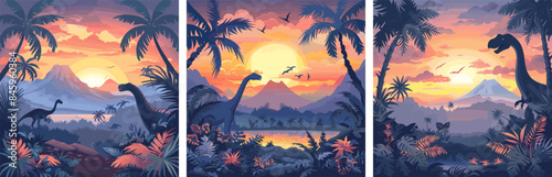 Dinosaurs panoramic landscape cartoon vector concepts. Prehistoric era tyrannosaurus lizards long neck reptile scales water mountains pond plants palm trees volcano pterodactyls color illustrations