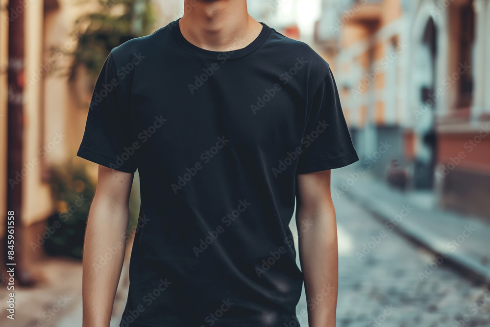 Young man wearing black t-shirt in urban street background, casual fashion concept Young man wearing black t-shirt in urban street background, casual fashion concept