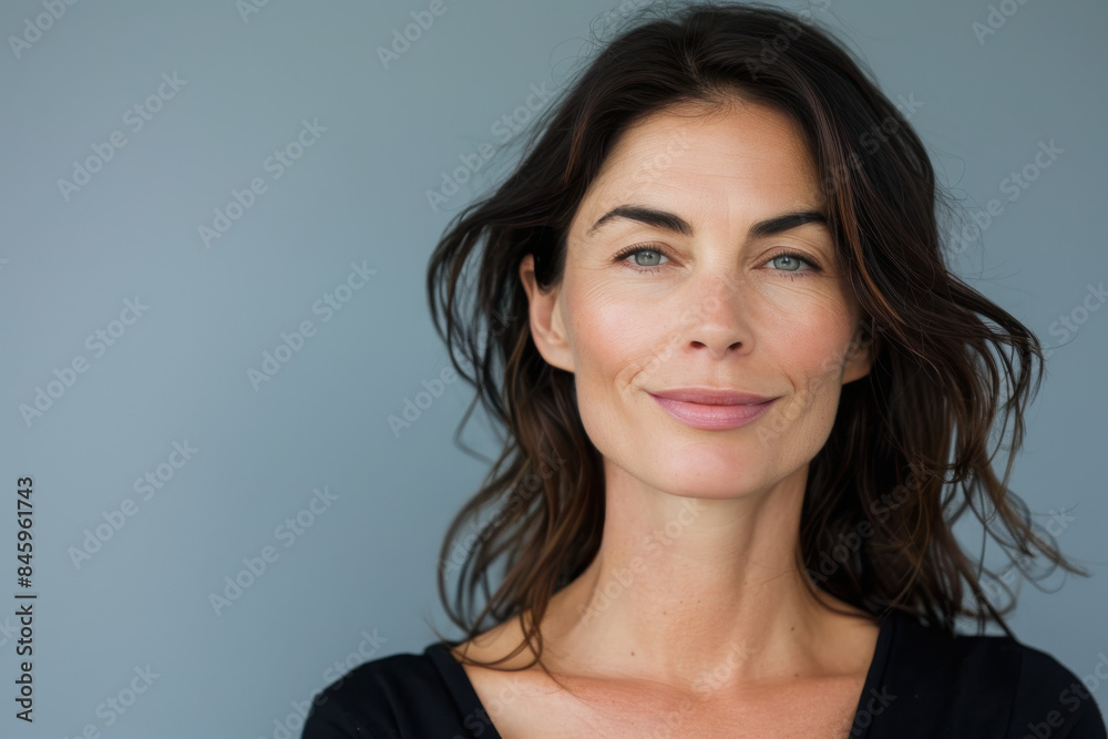 A close up portrait of a woman with a subtle smile A close up portrait of a woman with a subtle smile