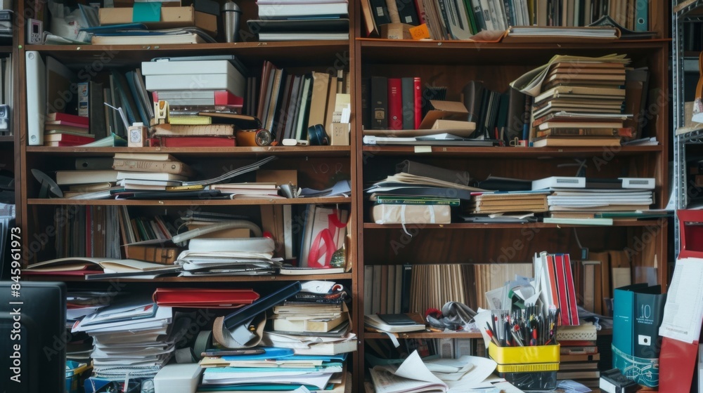 A wooden bookshelf overflowing with books, papers, and other items in a home office. A wooden bookshelf overflowing with books, papers, and other items in a home office.