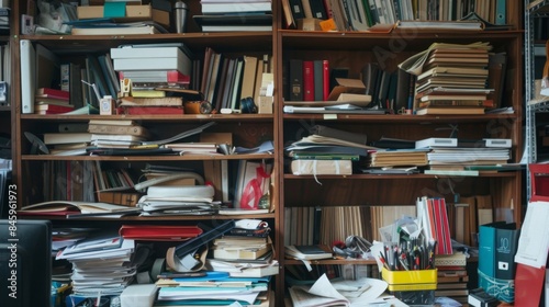 A wooden bookshelf overflowing with books, papers, and other items in a home office.