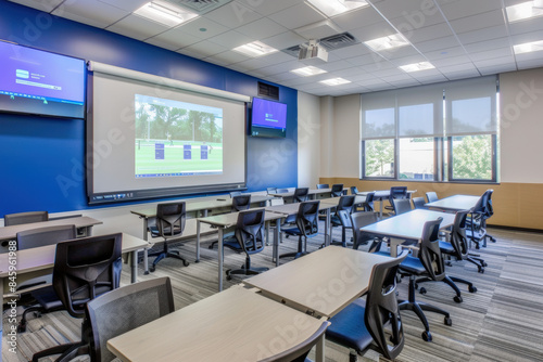 Empty desks are arranged in rows facing a large projector screen and tvs in a modern classroom