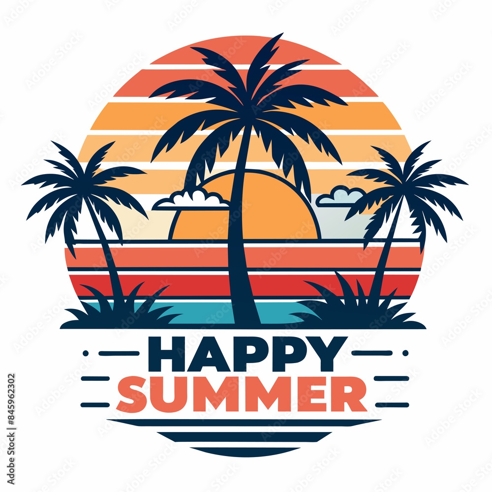 A tropical sunset with palm trees is vividly depicted against a round backdrop, evoking the warmth and enjoyment of the summer season. Below the scenic design, the words HAPPY SUMMER