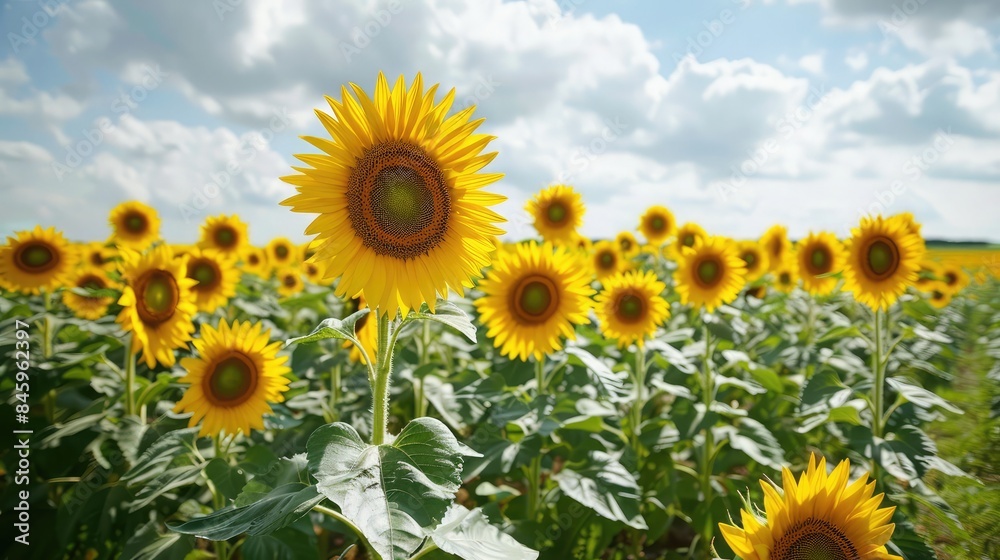 Sunflowers in full bloom stretching to the horizon under a sunny sky with fluffy clouds. Sunflowers in full bloom stretching to the horizon under a sunny sky with fluffy clouds.