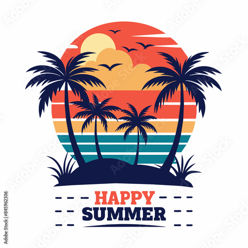 A tropical sunset with palm trees is vividly depicted against a round backdrop, evoking the warmth and enjoyment of the summer season. Below the scenic design, the words HAPPY SUMMER