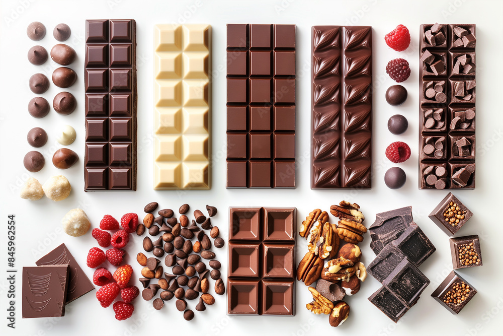 An Assortment of Chocolate Bars, Cocoa Nibs, and Chocolate Pieces on a White Surface An Assortment of Chocolate Bars, Cocoa Nibs, and Chocolate Pieces on a White Surface