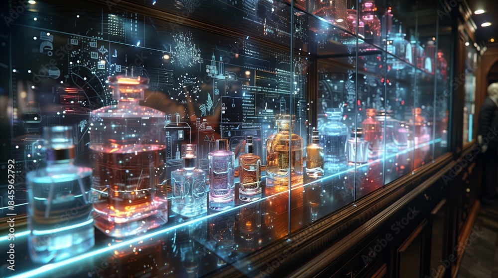 A holographic perfume counter displays glass bottles of fragrance with virtual scents in a retail setting. A holographic perfume counter displays glass bottles of fragrance with virtual scents in a retail setting.