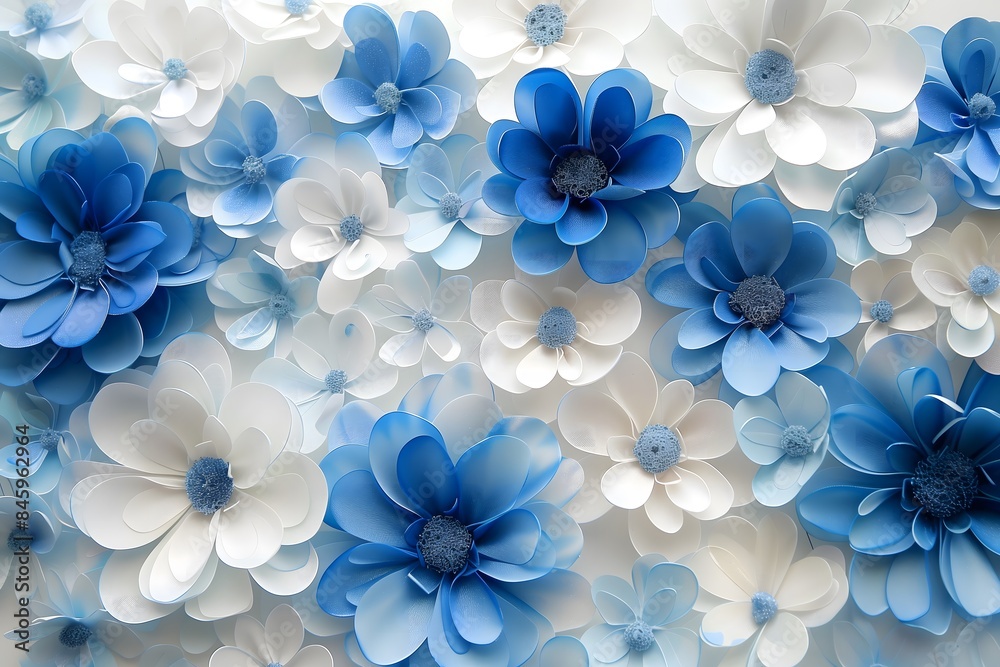 A stunning arrangement of blue and white paper flowers, intricately designed to create a beautiful and serene composition. The delicate petals and soft colors evoke a sense of tranquility and elegance A stunning arrangement of blue and white paper flowers, intricately designed to create a beautiful and serene composition. The delicate petals and soft colors evoke a sense of tranquility and elegance