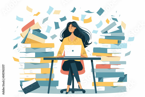 Woman Working at Desk Surrounded by Large Stacks of Papers