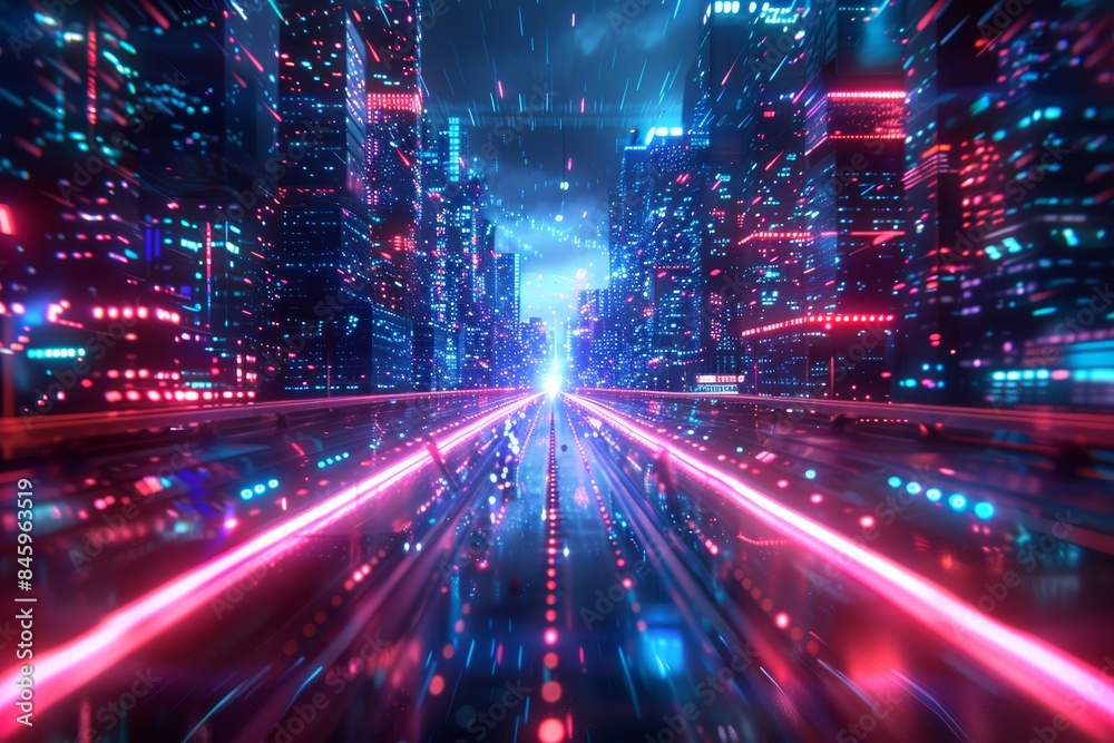 Fototapeta premium Neon Speed Trail in Futuristic Cityscape Generative AI