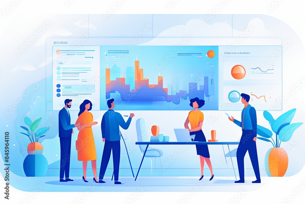 flat vector style illustration, a diverse group of people talking and collaborating flat vector style illustration, a diverse group of people talking and collaborating