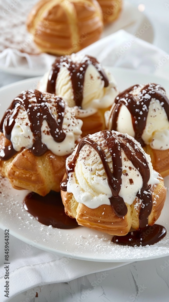 Profiteroles are stuffed with vanilla ice cream and topped with chocolate sauce, placed on a white plate. Profiteroles are stuffed with vanilla ice cream and topped with chocolate sauce, placed on a white plate.