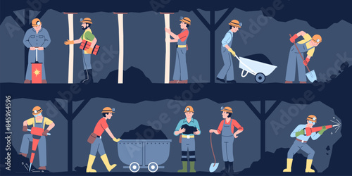 Workers in mine. Miners with tools and in uniform working together underground. Coal extraction in stone tunnel, mining process recent vector scene