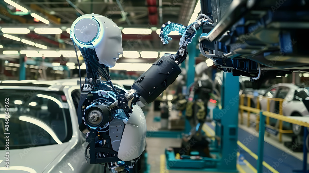 robot operario de montaje trabajando en fabrica industria del automóvil coche