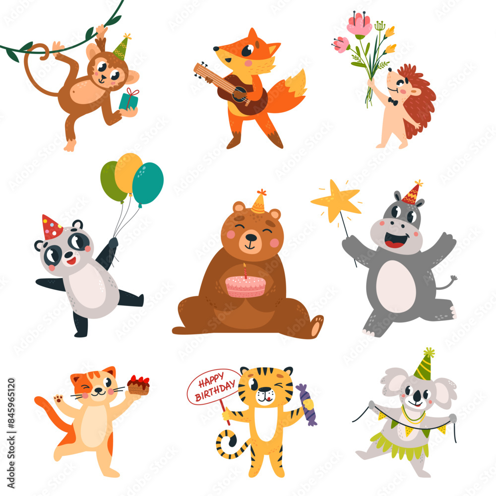 Birthday party animals. Festive monkey bear hippo and fox. Funny koala with garland, panda and hedgehog. Cat hold cake slice, classy vector clipart