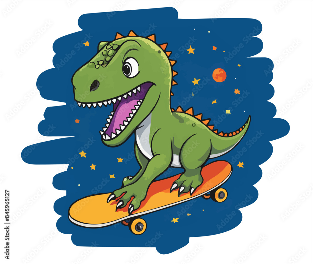 Obraz premium Vector design for children's t-shirt. Green cute dinosaur in space on skateboard with star and moon. Pattern for textiles, fabric, clothing for boy in cartoon style.