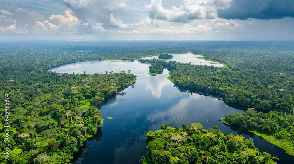Amazon jungle top view. Forest and river in South America continent Amazon jungle top view. Forest and river in South America continent