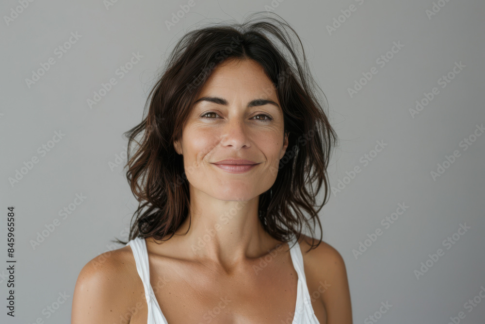 A close up portrait of a woman with a subtle smile A close up portrait of a woman with a subtle smile