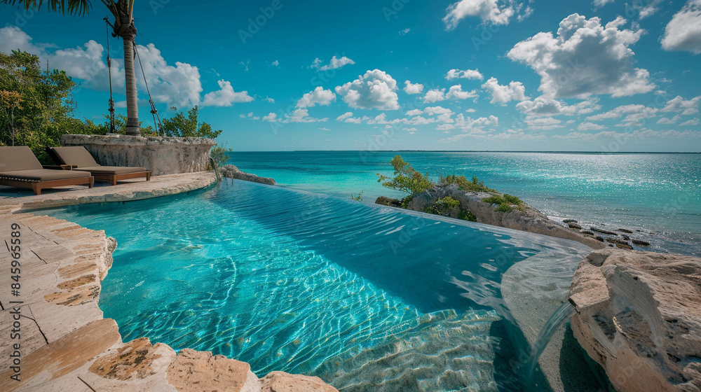 Fototapeta premium Infinity pool with a perfect beach view. Perfect summer day