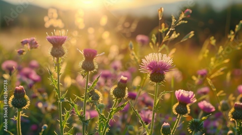 Fototapeta Naklejka Na Ścianę i Meble -  Symbol of Scotland Milk thistle plant an herbal remedy with thistle buds and blossoms in a summer meadow