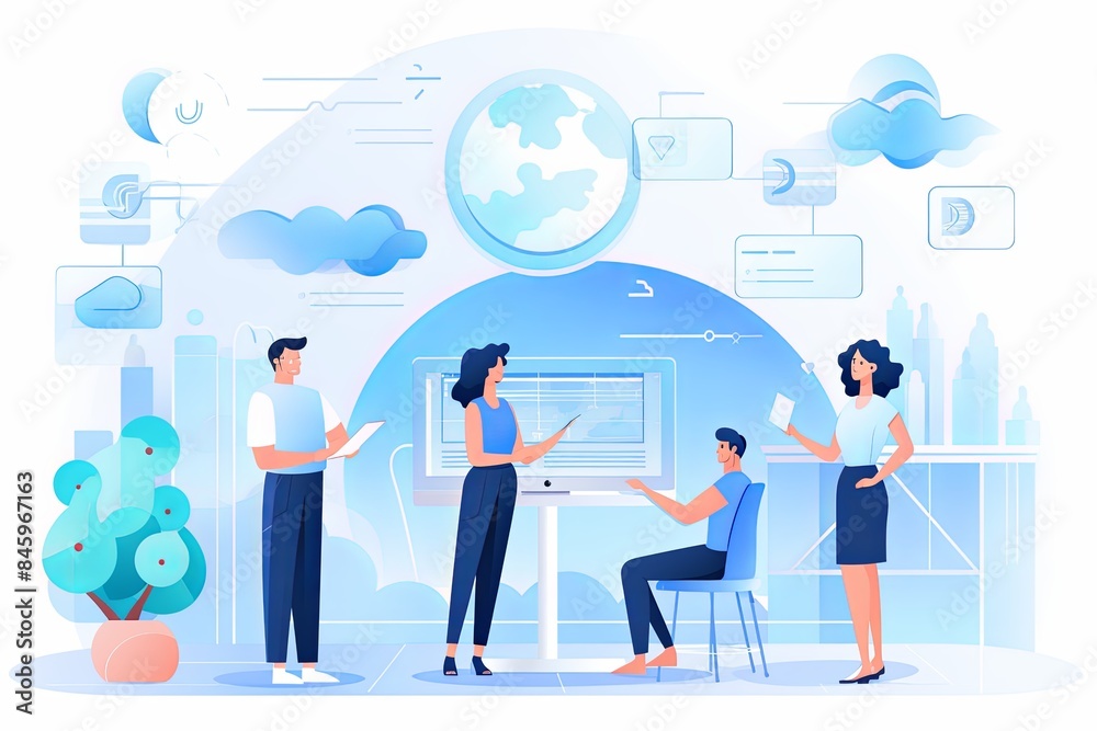 flat vector style illustration, a diverse group of people talking and collaborating flat vector style illustration, a diverse group of people talking and collaborating