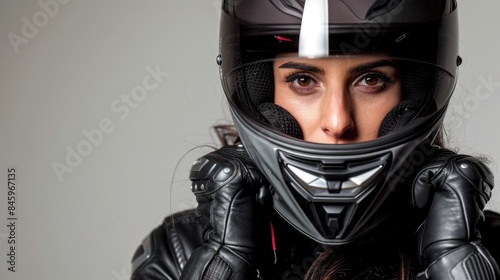 The female wearing a motorcycle helmet against a grey backdrop © TheWaterMeloonProjec