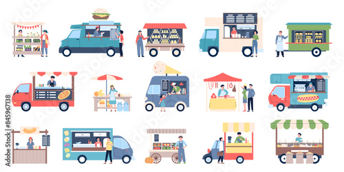 Food kiosk and trucks. Van cars and tents for farm market, city festival or street entertainment. Bakery ice cream and burgers, pizza, recent vector elements