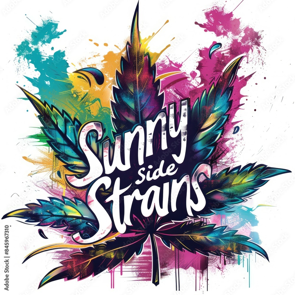 graffiti design, marijuana leaf logo, text reads "Sunny Side Strains