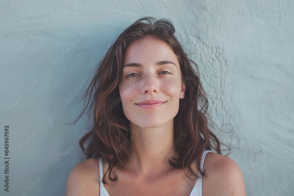A close up portrait of a woman with a subtle smile A close up portrait of a woman with a subtle smile