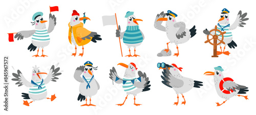 Cartoon seagull. Funny sailors captain seagulls. Cute sea adventures characters in costumes. Ocean birds in active poses. Classy childish vector clipart