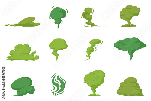 Stinky clouds. Green bad smell effects. Isolated rotting, stinking, spoiled food toxic fumes and fog. Cartoon different vapor nowaday vector icons
