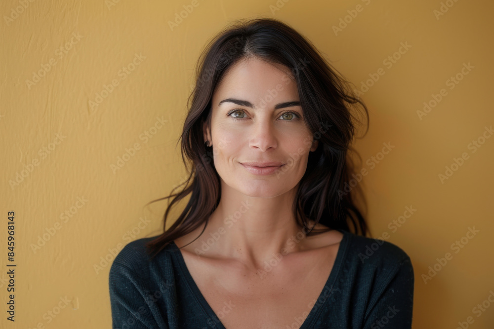 A close up portrait of a woman with a subtle smile A close up portrait of a woman with a subtle smile