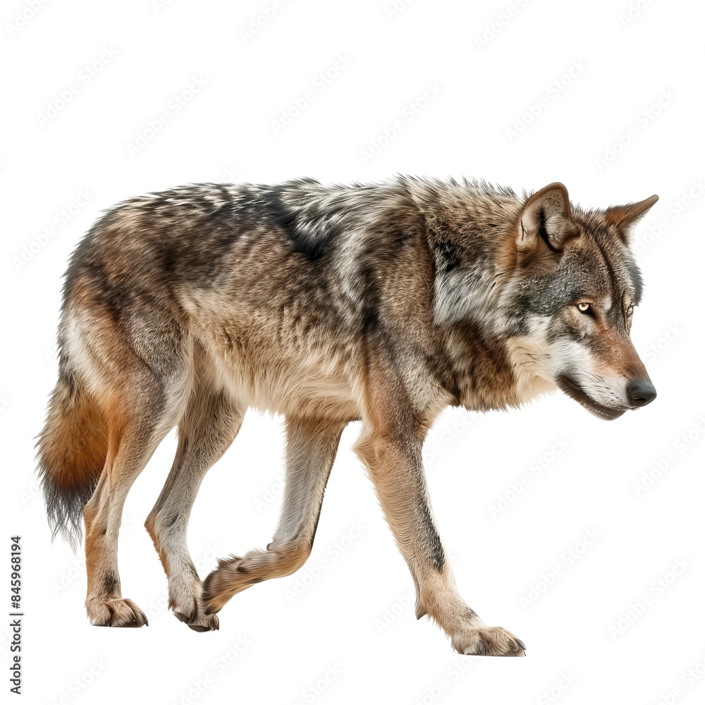 Fototapeta premium Walking steppe wolf in front of background, PNG