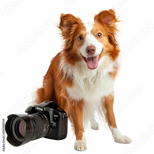 Standing golden border collie with camera, on a pure white background, PNG