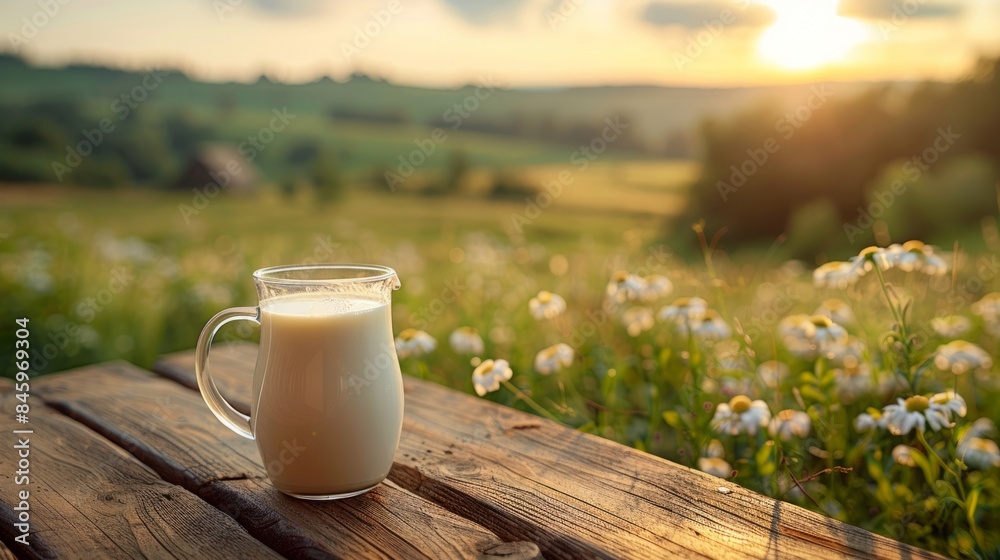 wooden table with a jug of milk on a blurred background of a rural area with a cow pasture wooden table with a jug of milk on a blurred background of a rural area with a cow pasture