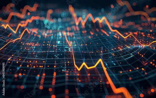 Glowing financial graphs on dark background illustrating stock market trends and dynamics. Stock market images.