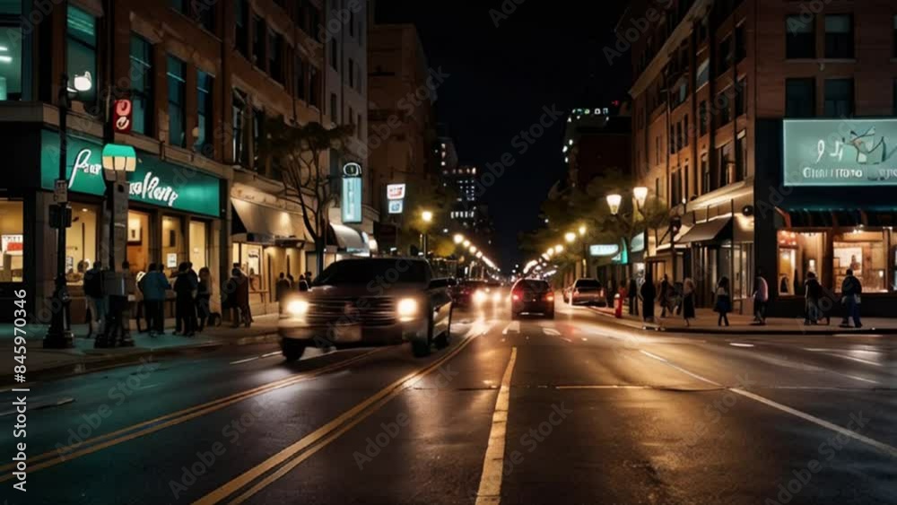 Nighttime City Street with Traffic and Pedestrians Nighttime City Street with Traffic and Pedestrians