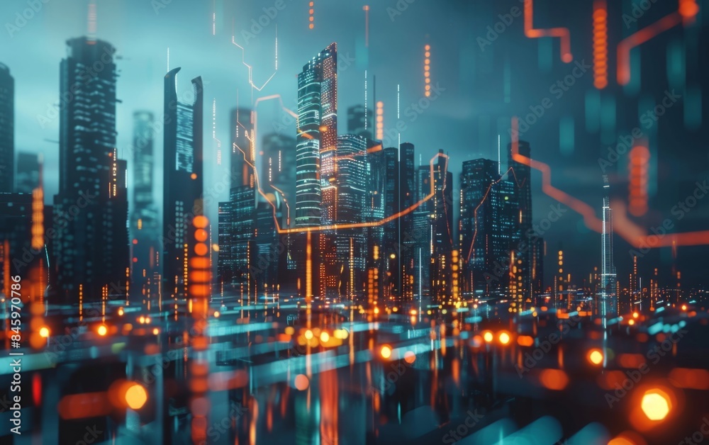 Futuristic blue digital cityscape with glowing financial graphs.