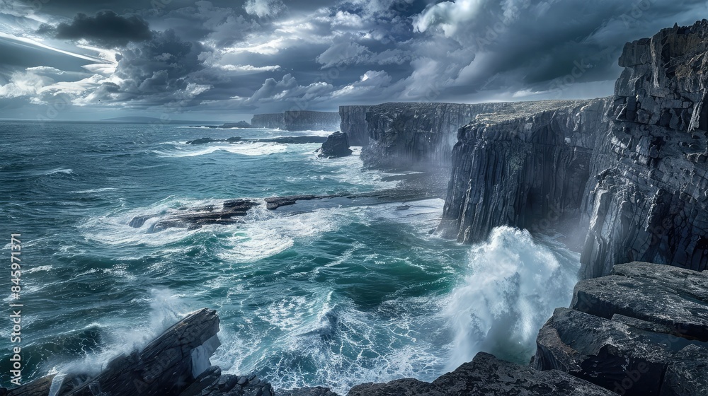 Crashing waves on a rocky coast, with rugged cliffs and a stormy sky above. Crashing waves on a rocky coast, with rugged cliffs and a stormy sky above.