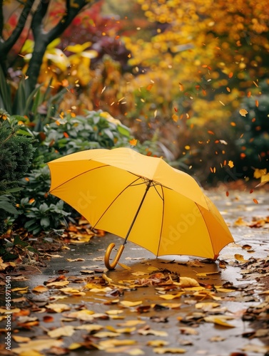 Yellow umbrella in the middle of the road with autumn leaves background © nur
