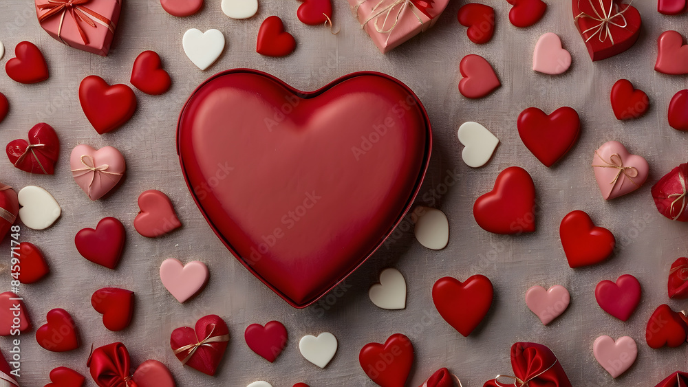 A variety of heart-shaped gifts and candies on a textured background, with a prominent red heart box in the center A variety of heart-shaped gifts and candies on a textured background, with a prominent red heart box in the center
