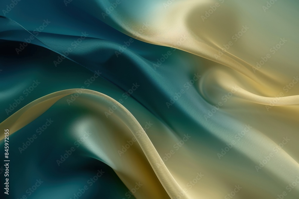Teal and gold silk fabric is flowing in gentle waves, creating a luxurious and elegant abstract background with soft folds and smooth curves Teal and gold silk fabric is flowing in gentle waves, creating a luxurious and elegant abstract background with soft folds and smooth curves