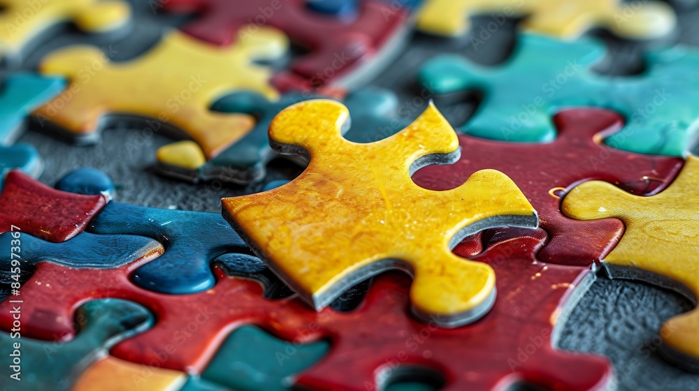 Colorful puzzle with yellow piece sticking out Colorful puzzle with yellow piece sticking out