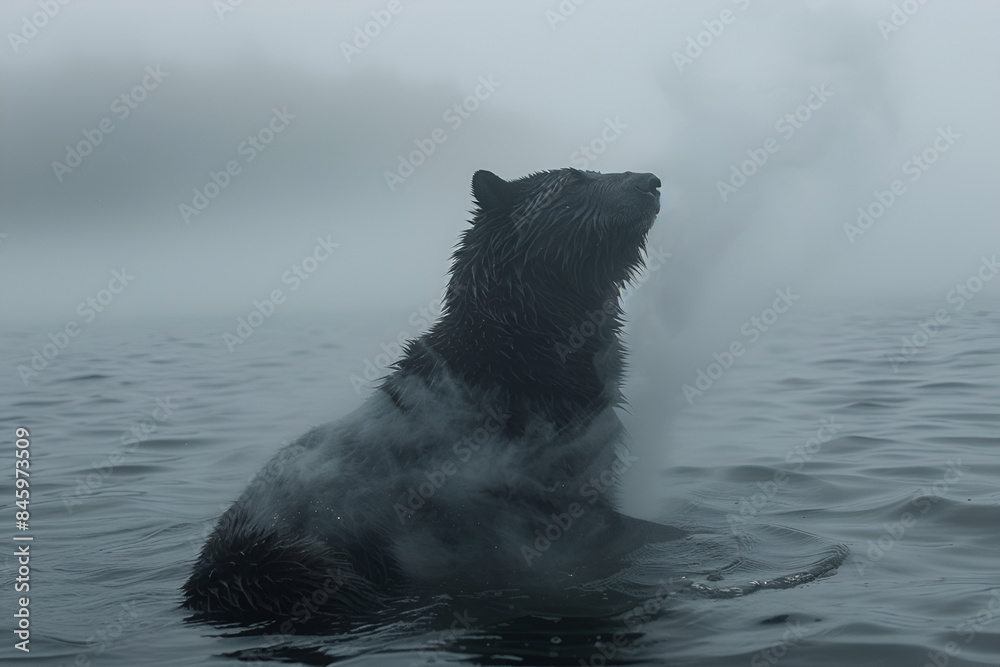 Obraz premium Brown bear swimming foggy weather