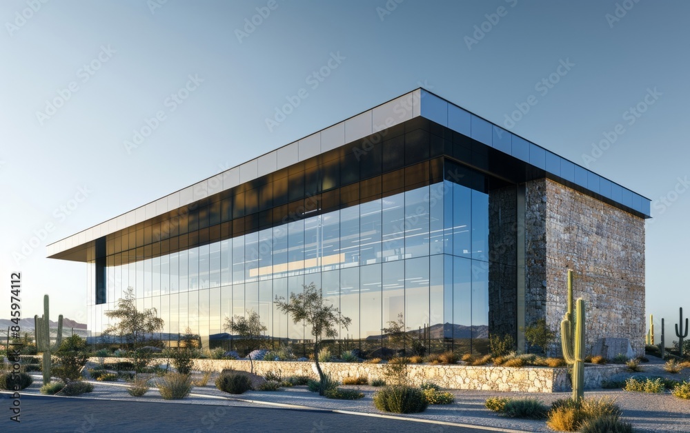 Modern office building with reflective glass, stone facade, under clear sky. Ideal for business and building themes.