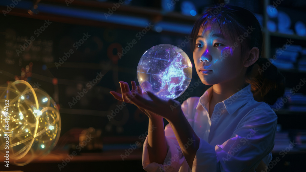 Naklejka premium The teacher teaches primary and secondary school students about science, exploration, the application of green energy,generative ai