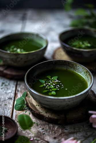 Rustic setting featuring bowls of vibrant green soup garnished with fresh herbs and sesame seeds, on a wooden background.