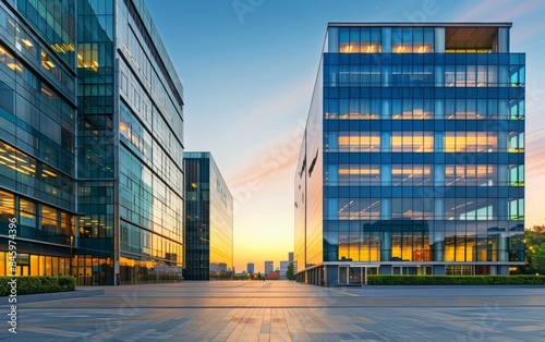 Modern glass architecture shines at sunset with reflections. Office buildings and open plaza illuminate the night. © Mark
